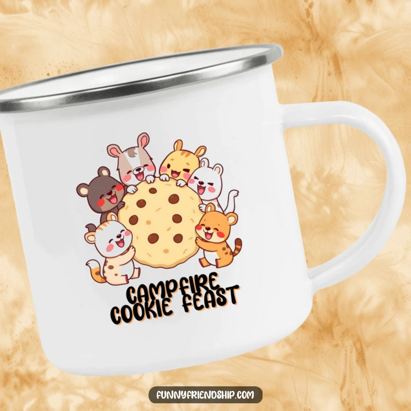 Funny Camping Mug with animals sharing a giant cookie and laughing, perfect for outdoor enthusiasts who love humorous and cheerful designs.