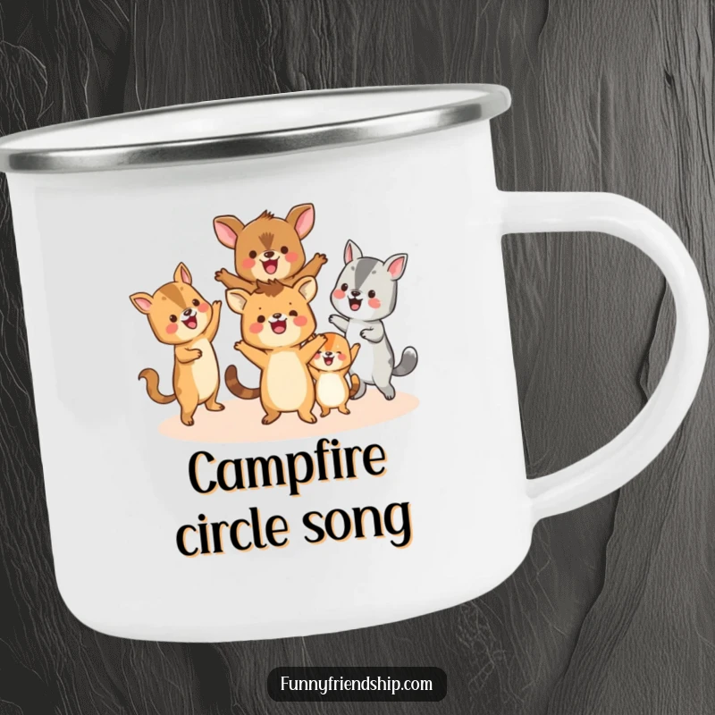 Funny camping mug with happy animals dancing in a circle, perfect for enjoying drinks outdoors with a humorous, celebratory feel.