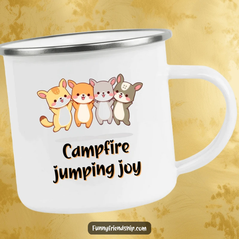 Funny Animal Friends Jumping Camping Mug: Animals holding hands and jumping, durable outdoor drinkware, symbolizing fun, a funny gift.