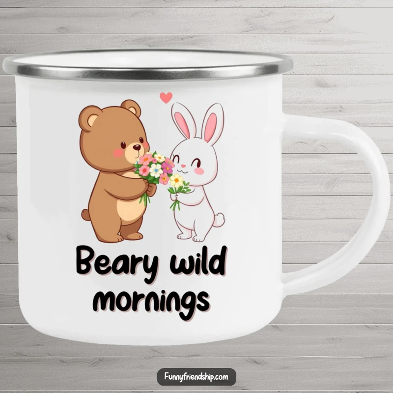 Funny bear offering flowers to a rabbit on a camping mug, perfect for outdoor enthusiasts who appreciate romantic humor.