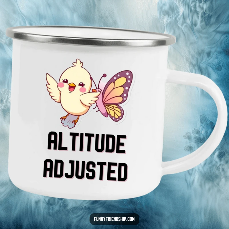 Funny enamel camping mug with a bird and butterfly flying, perfect for outdoor lovers.