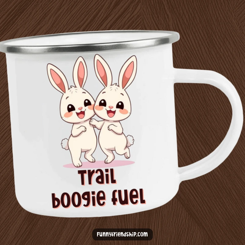 Funny Camping Mug: Two smiling bunnies dancing, an enamel cup designed for outdoor fun and spreading smiles around the campfire.