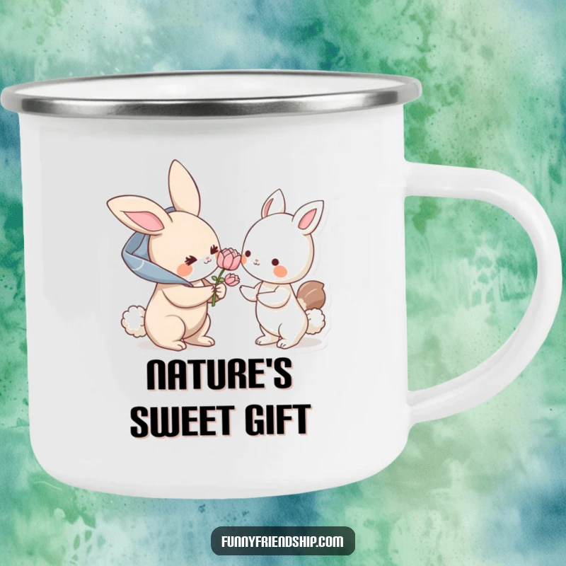 Funny camping mug: a bunny character offers a flower to another animal, a humorous and durable mug for outdoor enthusiasts.