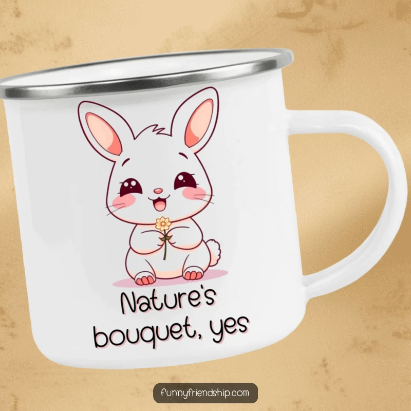 Funny Camping Mug: Grinning bunny character offering a flower, perfect for outdoor enthusiasts and cheerful moments.