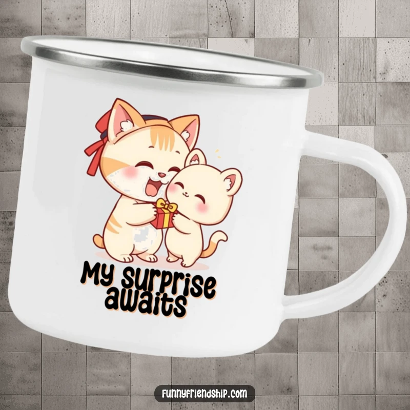 Funny enamel camping mug with a cat character giving a gift, perfect for outdoor enthusiasts.