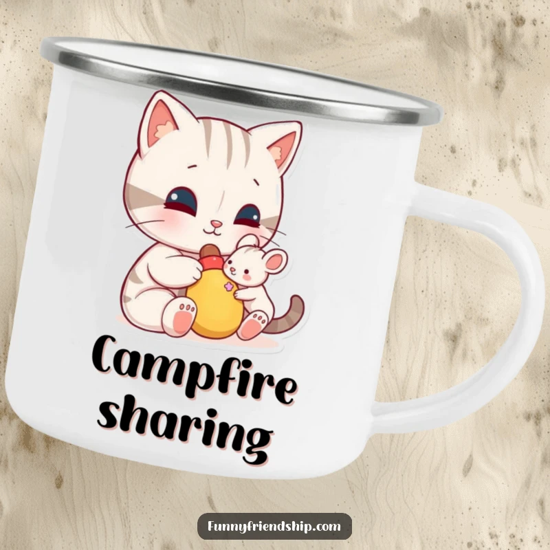 Funny camping mug: a cat character shares a toy with a small mouse, a humorous and durable mug for outdoor enthusiasts who value friendship.