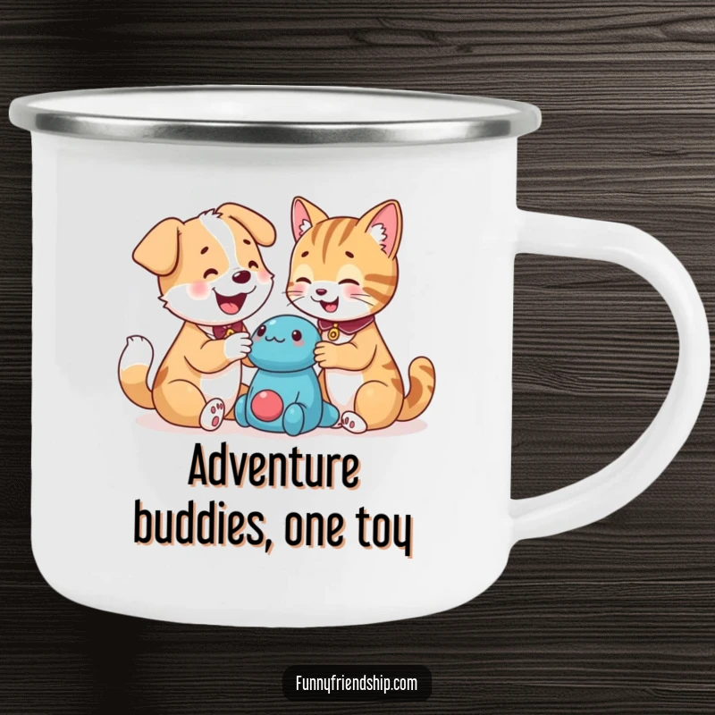 Funny dog and cat characters sharing outdoor gear and a toy on a rugged camping mug, representing friendship and adventure, a funny gift.