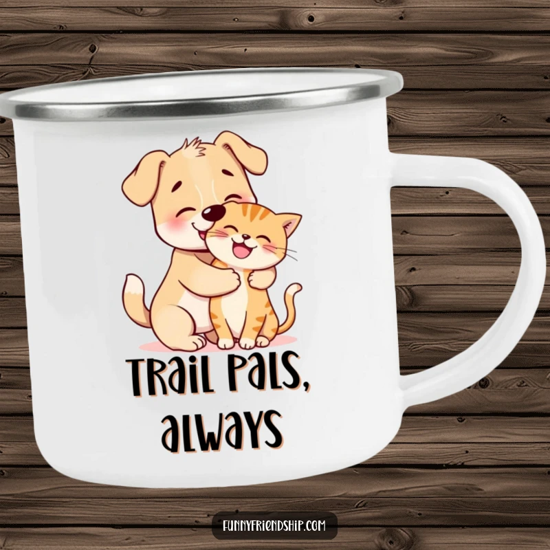 Funny Camping Mug: Dog and cat characters sharing a playful hug, perfect for outdoor adventures and cozy moments.