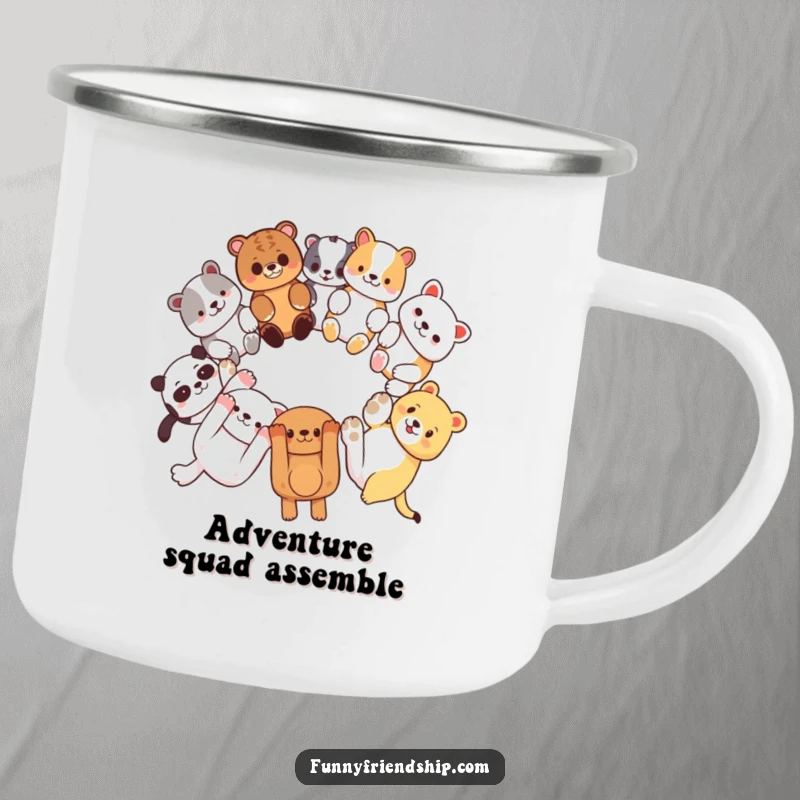 Funny camping mug with diverse animal characters linking paws in a circle, ideal for outdoor adventures and friendship.