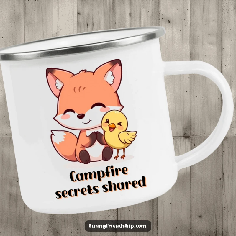 Funny fox and bird characters sharing a secret on a sturdy camping mug. A rugged funny gift.