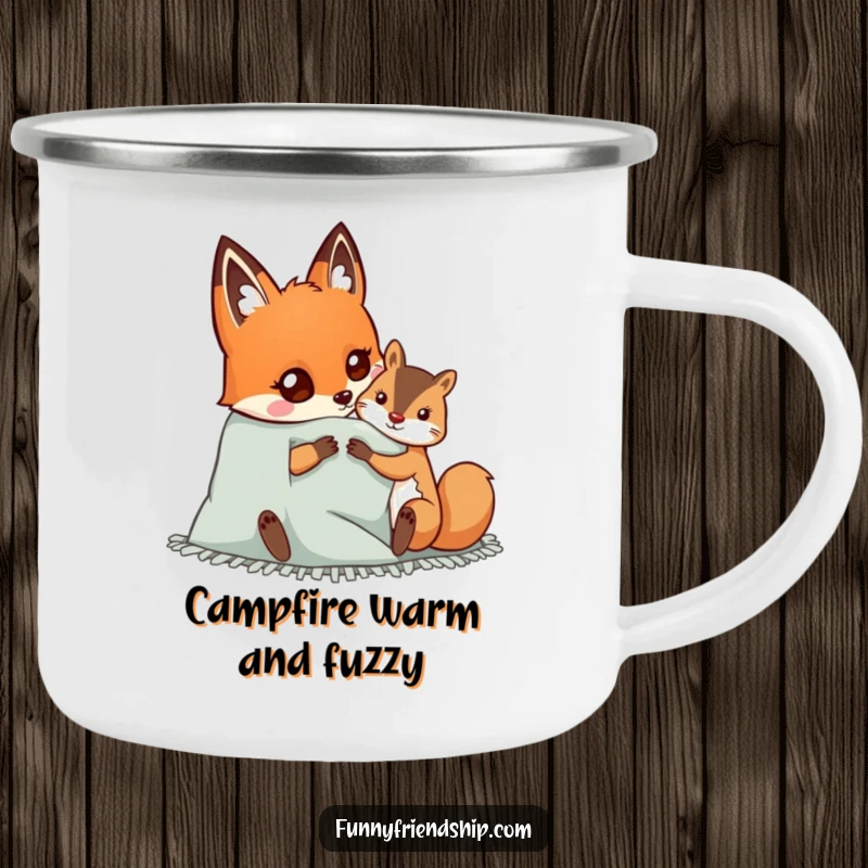 Funny enamel camping mug displaying a happy fox and squirrel sharing a cozy blanket, ideal for adding warmth to outdoor adventures.