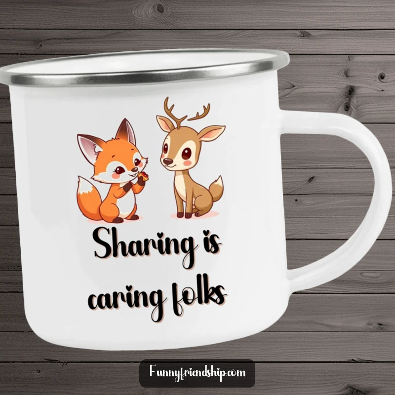 Funny enamel camping mug with a curious fox sharing a treat with a shy deer, perfect for outdoor sipping with woodland charm and humor.