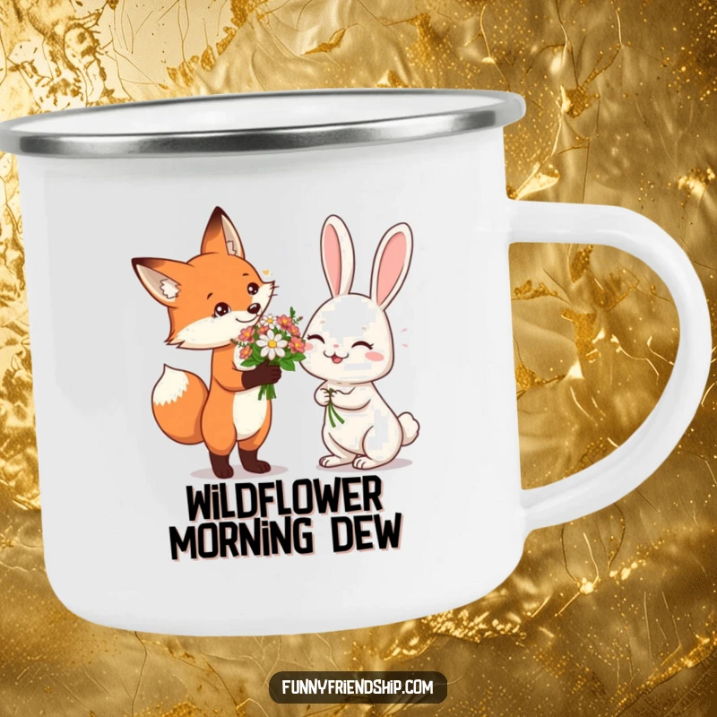 Funny Camping Mug showing a fox giving flowers to a giggling rabbit, perfect for outdoor enthusiasts who love sweet and humorous designs.