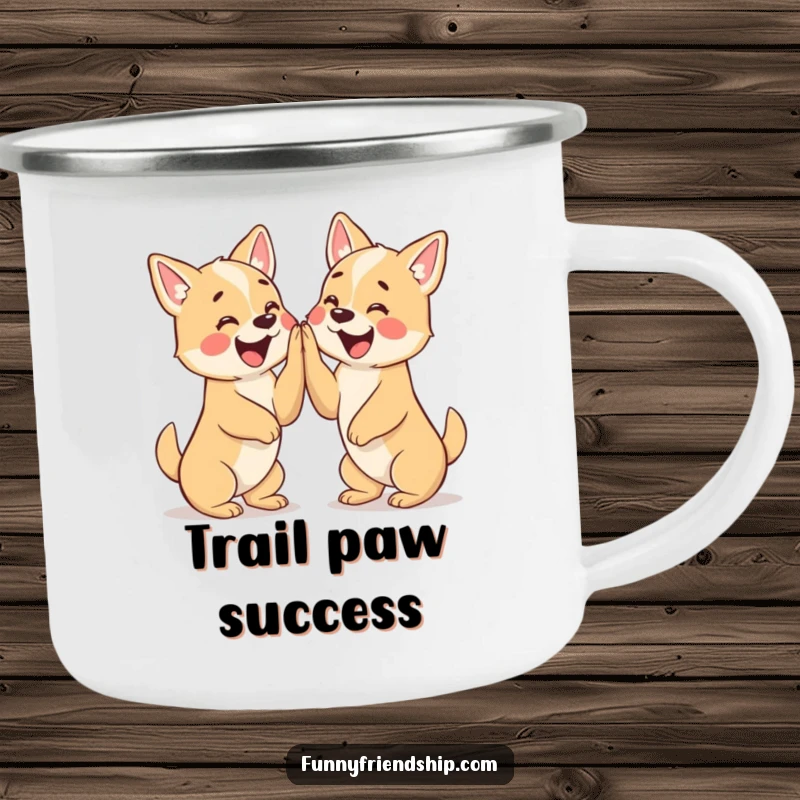 Funny camping mug depicting two excited dog characters giving each other a high five, ideal for outdoor enjoyment.