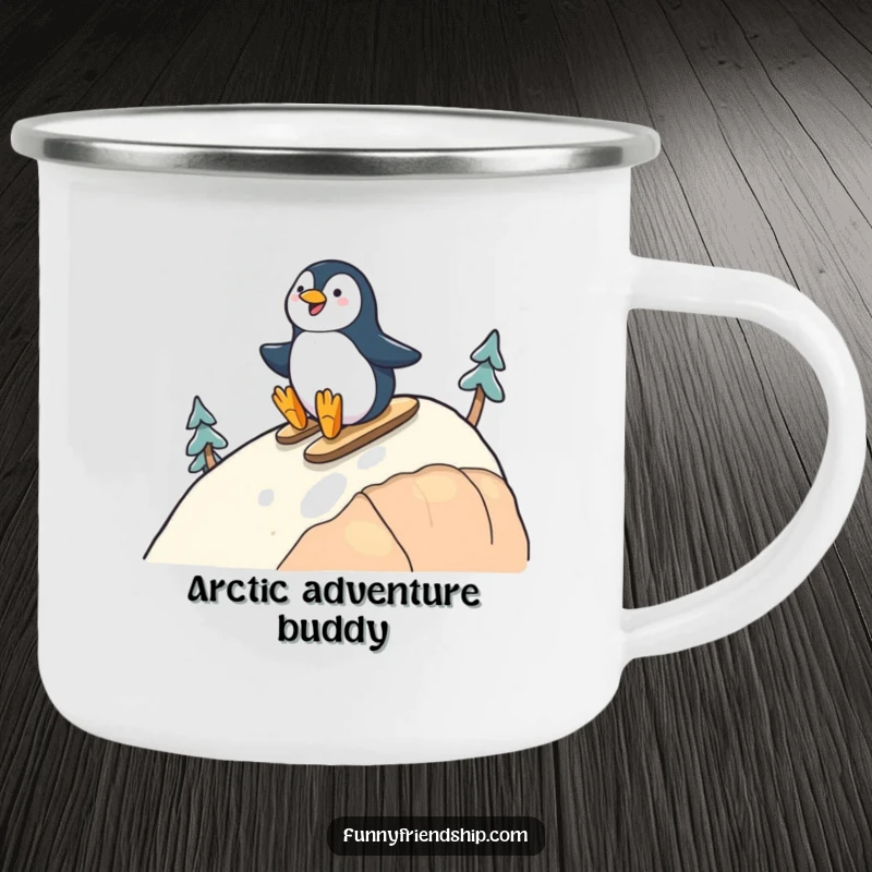 Funny camping mug with cheerful penguins sliding down a hill, built for adventure and celebrating friendship.