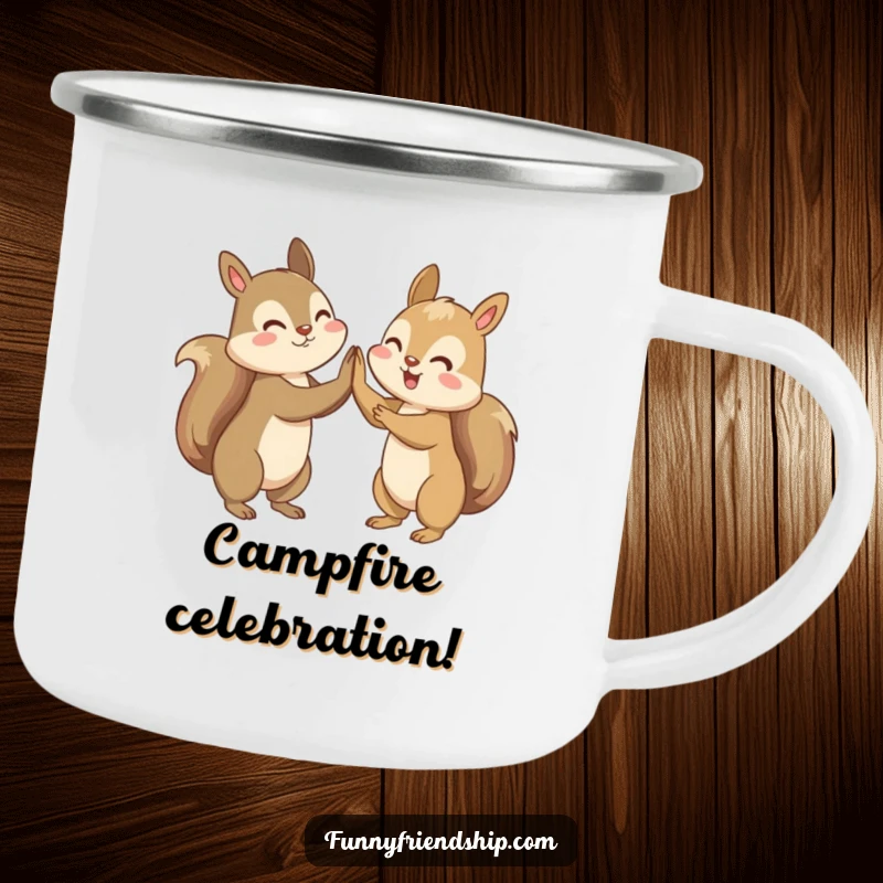 Funny camping mug with two squirrels celebrating by high-fiving, ideal for outdoor friendship and celebration humor.