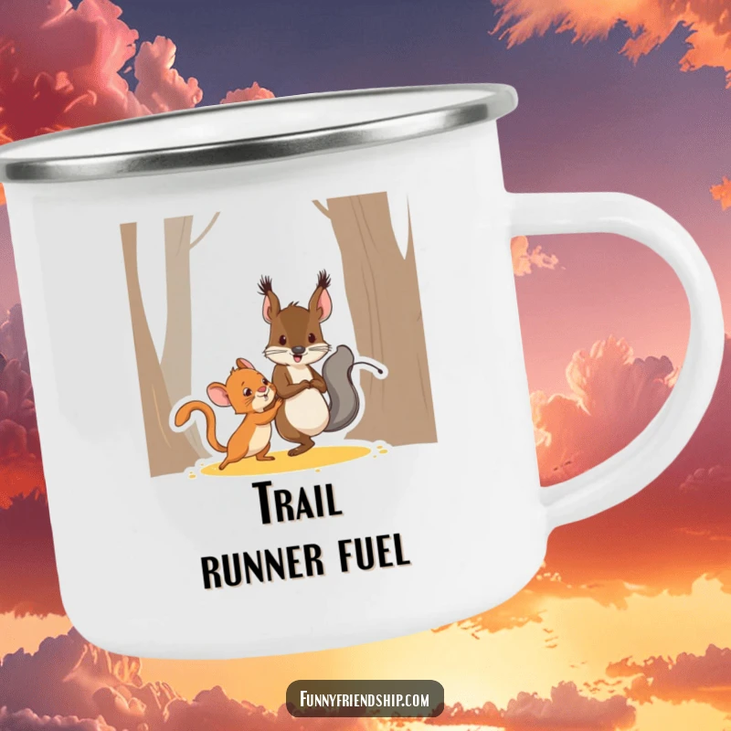 Funny squirrel and mouse characters playing tag, a durable and humorous enamel camping mug for outdoor adventures.