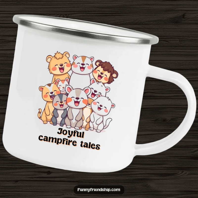 Funny enamel camping mug displaying a diverse group of animal characters laughing joyfully, ideal for adding cheer to outdoor adventures.