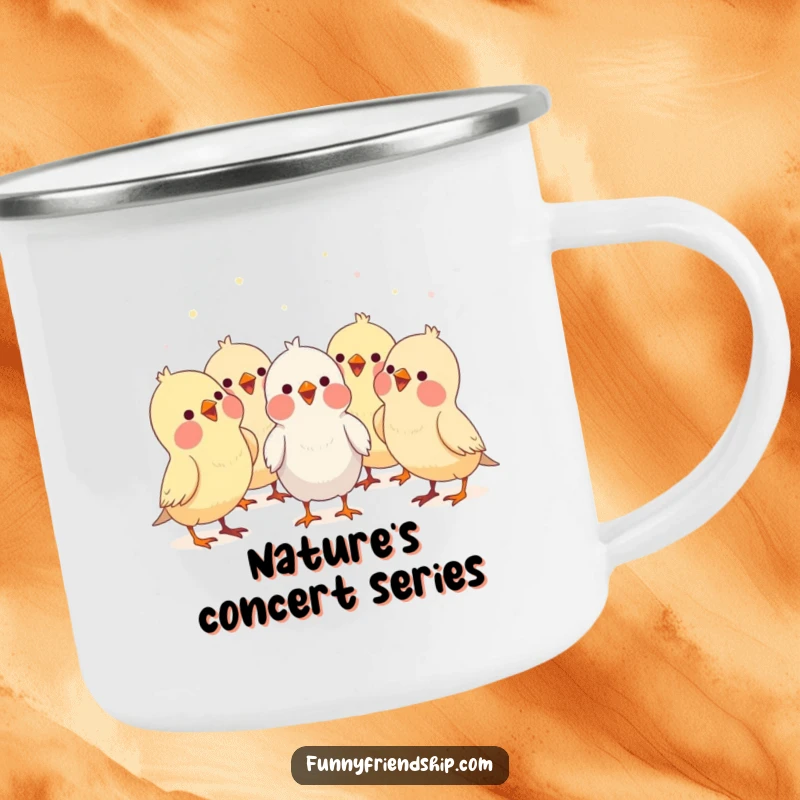 Funny bird characters forming a choir, singing together harmoniously, a durable and humorous enamel camping mug for outdoor enjoyment.