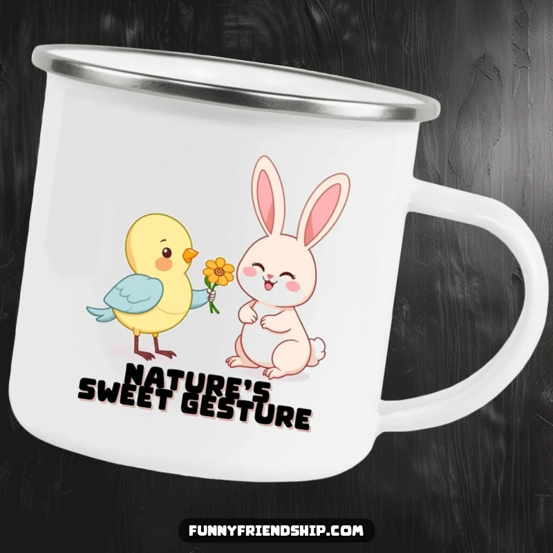 Funny enamel camping mug featuring a cartoon bird offering a flower to a happy rabbit, designed for outdoor humor.