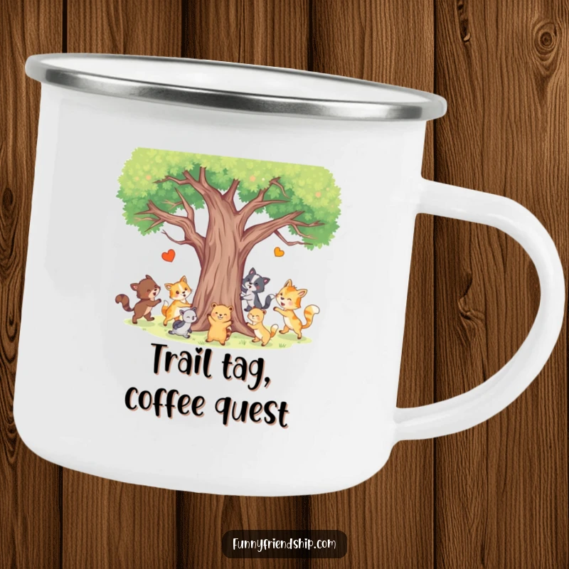 Funny Animal Tag Camping Mug featuring happy animals playing tag around a tree, designed for outdoor enjoyment and playful moments.