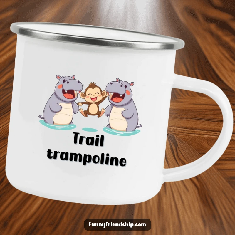 Funny camping mug featuring a joyful monkey leaping between two friendly hippos, a durable and humorous mug for outdoor enthusiasts.