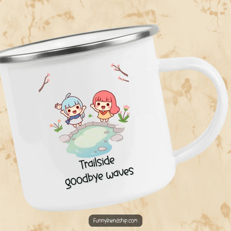 Funny enamel camping mug displaying two smiling characters waving goodbye across a small stream, ideal for adding cheer to outdoor journeys.