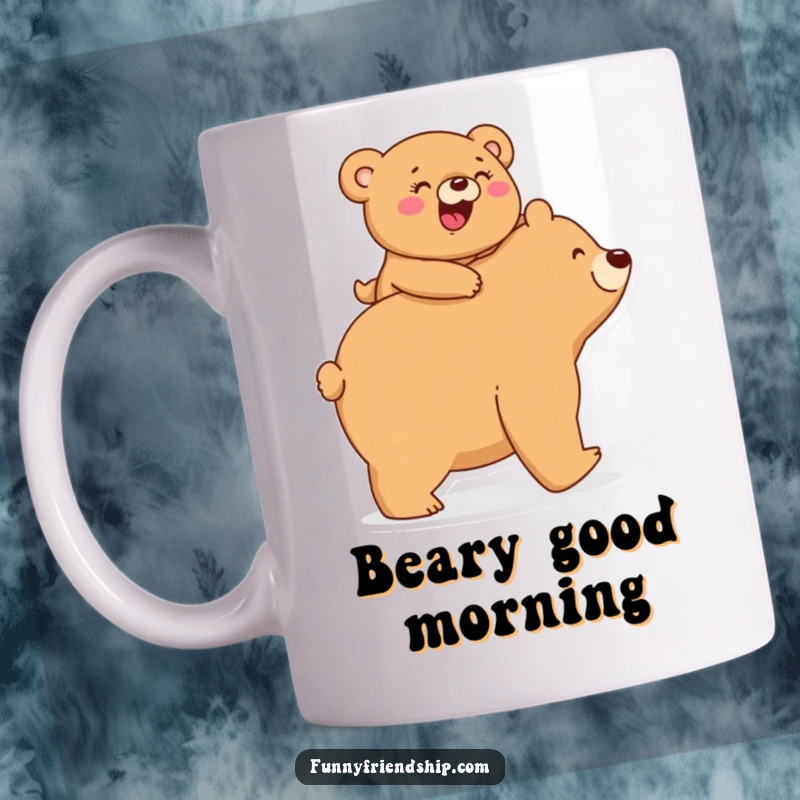 Funny Mug: A small bear giggles while riding piggyback on a larger bear, showing a humorous, loving family bond.