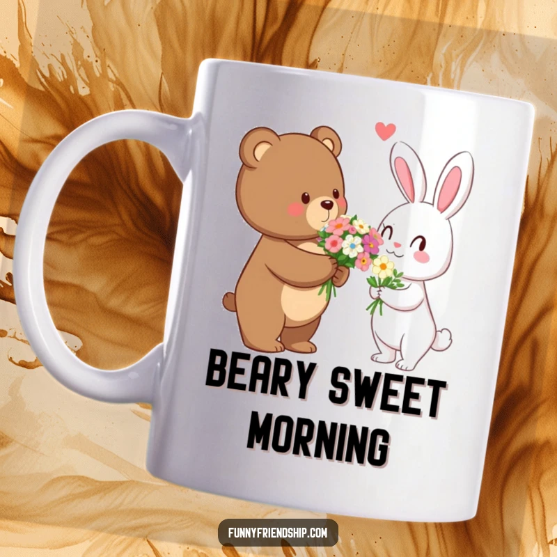 Funny bear character offering a bouquet of flowers to a sweet rabbit character, symbolizing affection and humor, perfect for gifts.