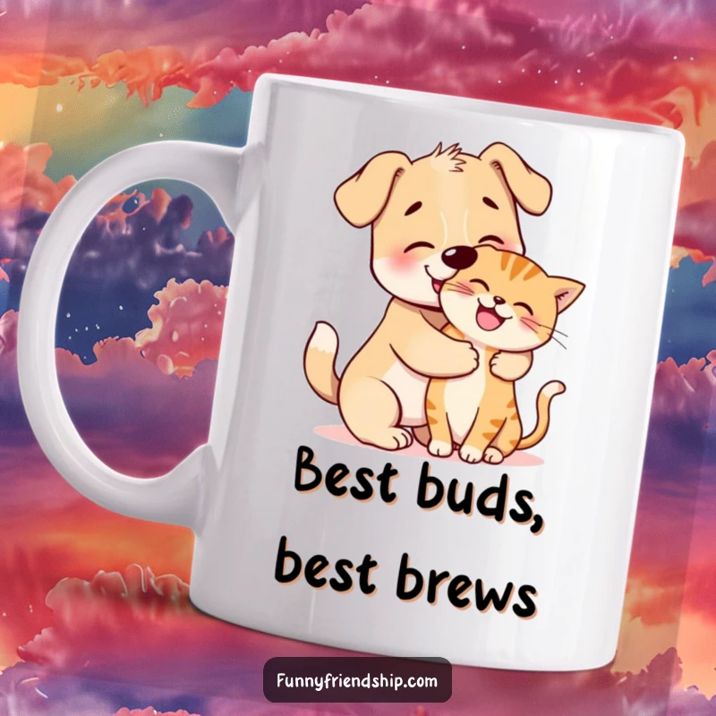 Funny Mug: Cute dog character giving a warm, playful hug to a happy cat, celebrating animal friendship.