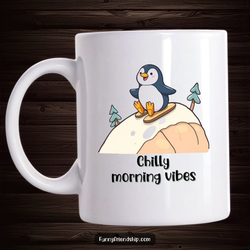 Funny mug showing a cheerful penguin character sliding downhill with a happy friend, celebrating friendship and winter fun.