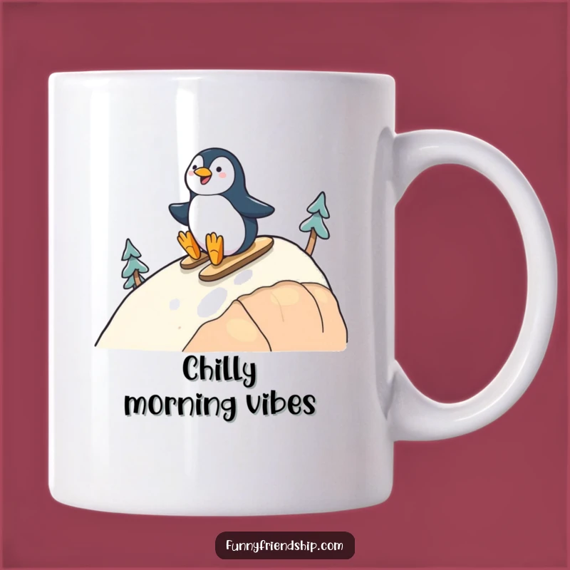 Funny Penguin Friends Mug: Cheerful Sliding Duo Design, Perfect Funny Gift
