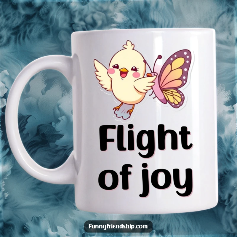 Funny mug featuring a bird character joyfully flying alongside a butterfly character, symbolizing freedom and friendship.