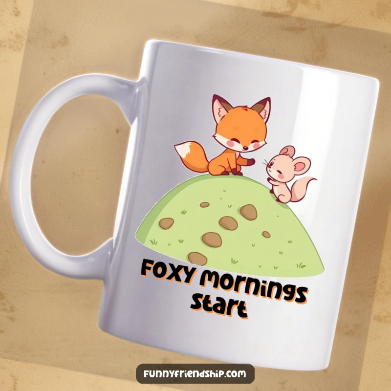 Funny fox character helping a small mouse character climb a steep hill, symbolizing friendship, support, and adventure with humor.