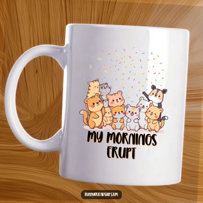 Funny Mug: Diverse animal characters joyfully tossing colorful confetti at each other, creating a party atmosphere.
