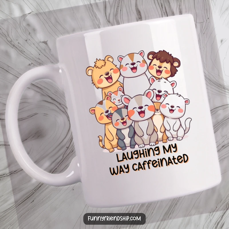 Funny mug showing a diverse group of animal characters erupting in joyful laughter together, symbolizing happiness, friendship, and shared good times.