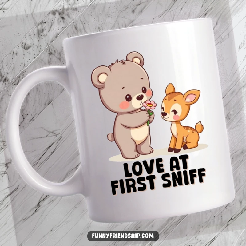 Funny Mug showcasing a playful bear cub offering a delicate flower to a shy, wide-eyed deer cub in a meadow.