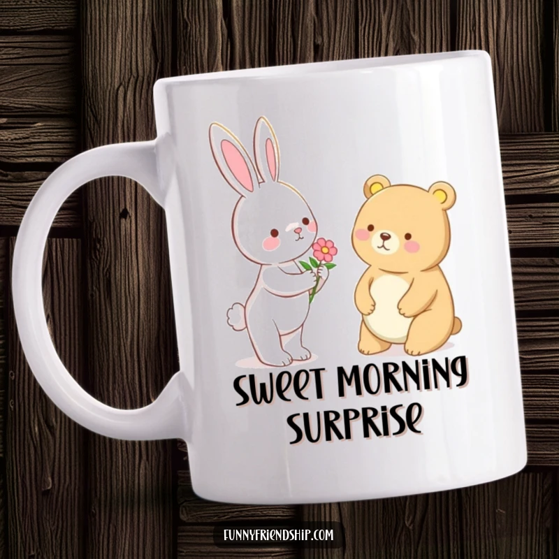 Funny Bunny and Bear Flower Mug: Little bunny offers a flower to a friendly bear, symbolizing kindness and friendship, a sweet funny gift.