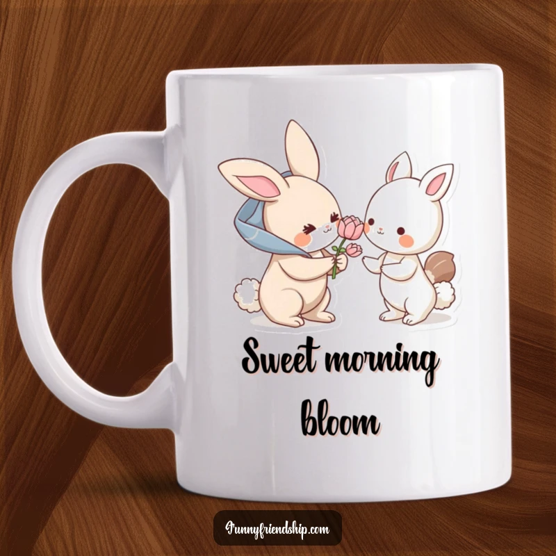 Funny mug: a bunny character offers a flower to another animal, symbolizing a sweet, humorous gesture of kindness and friendship.