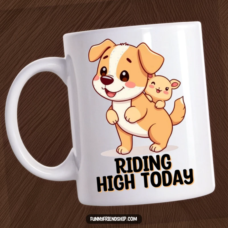 Funny mug showing a happy dog character giving a piggyback ride to a smaller, delighted creature.