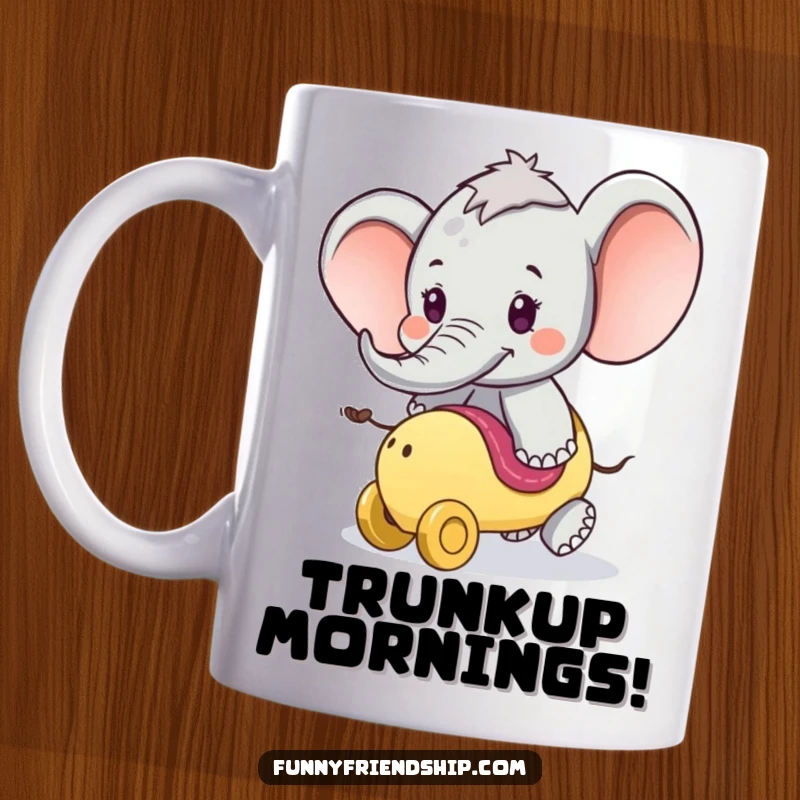 Funny Mug: Playful elephant character offering a fun ride on its trunk, symbolizing adventure and joy.