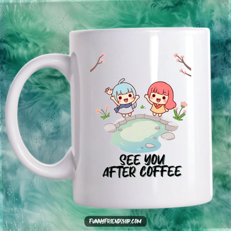 Funny mug showing two smiling characters waving goodbye from opposite sides of a tiny stream, symbolizing fond farewells and lasting connections.