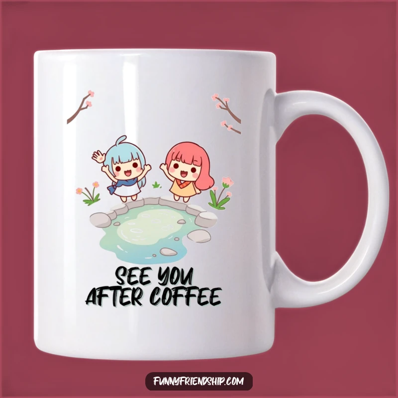 Funny Farewell Mug: Waving Friends Across Stream Graphic, Perfect Gift