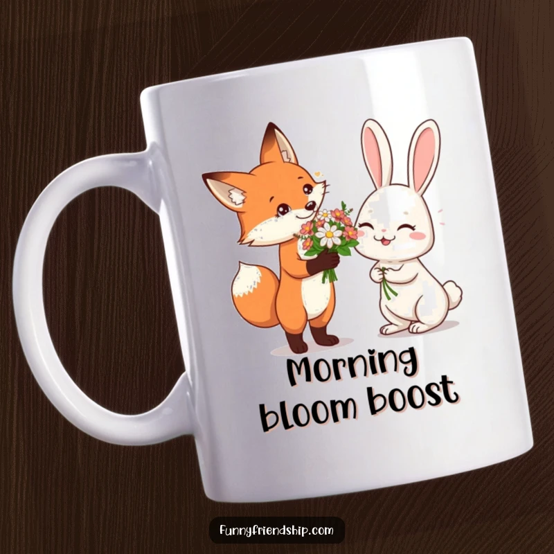 Funny Mug showing a fox kindly offering a flower bouquet to a delighted, giggling rabbit, representing sweet surprise and playful affection.