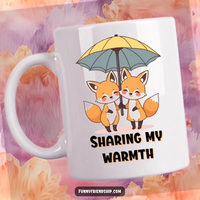 Funny mug depicting two happy cartoon foxes huddled together under a large umbrella, sharing a cozy moment.