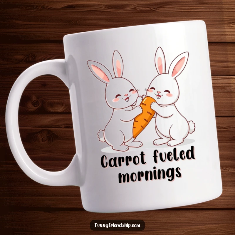 Funny cheerful rabbits high-fiving over a giant carrot mug, a celebration of friendship and healthy eating.