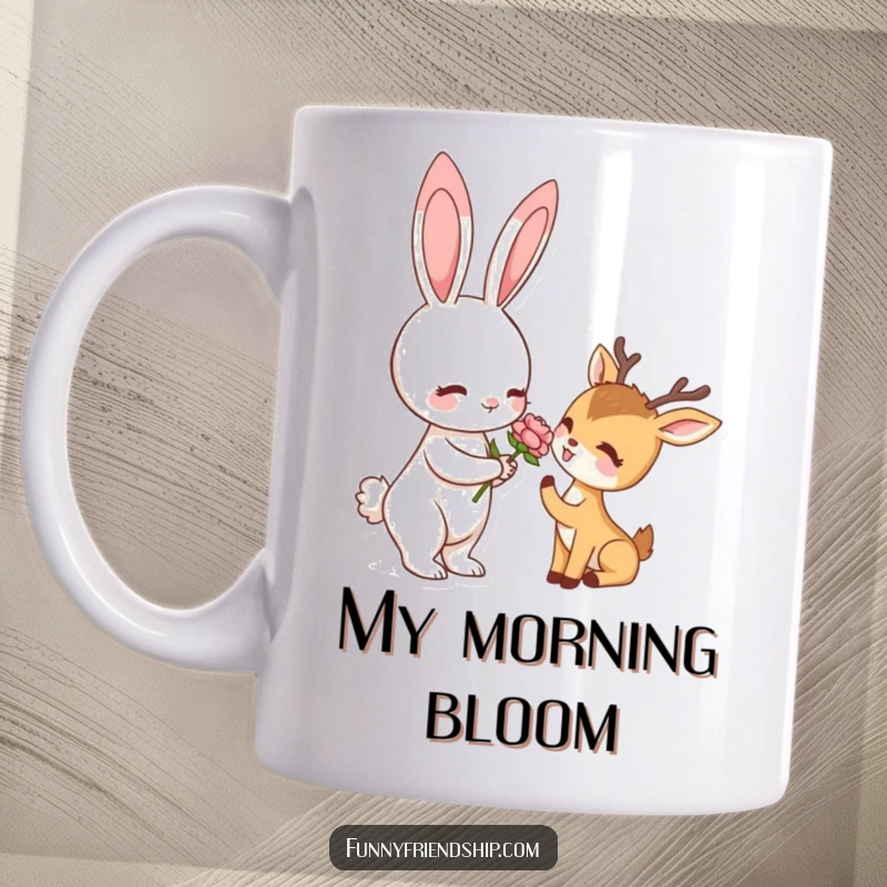 Funny mug with a rabbit character offering a flower to a deer character, symbolizing friendship and gentle humor.