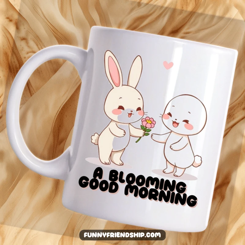 Funny rabbit character mug handing a single flower to a happy friend, symbolizing kindness and gentle affection.