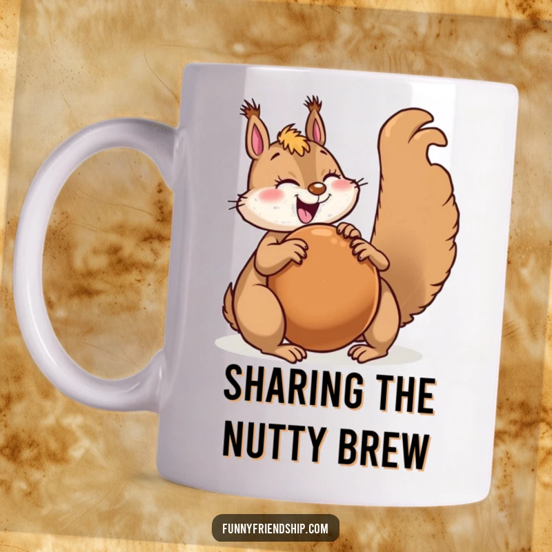 Funny squirrel character mug with a joyful squirrel generously sharing a giant nut with a happy friend.