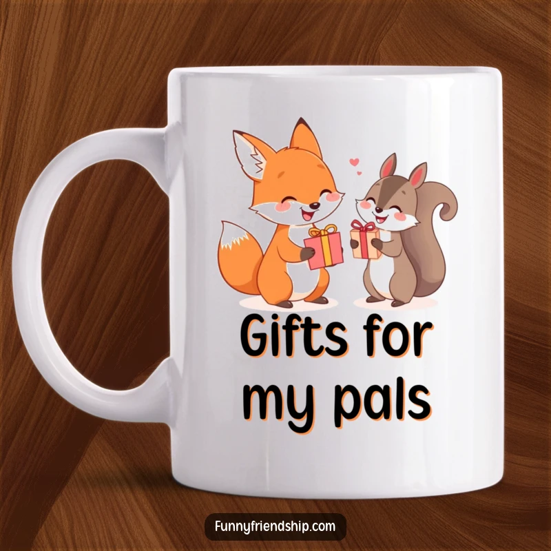 Funny smiling fox and happy squirrel mug exchanging gifts, a charming scene of generosity and friendship.